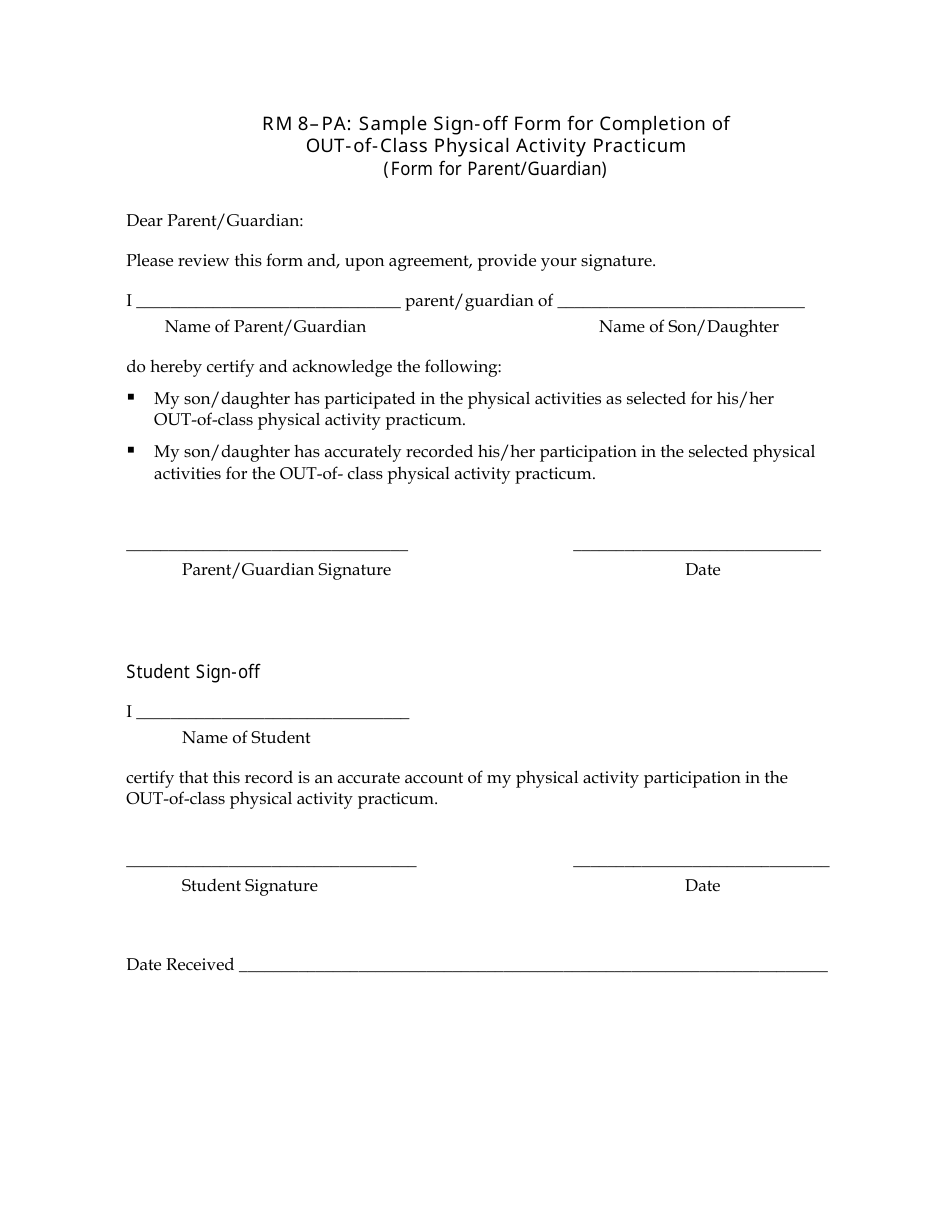 Rm 8-pa: Sample Sign-Off Form for Completion of out-Of-Class Physical Activity Practicum - Manitoba, Canada, Page 1