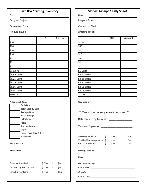 Cash Box Starting Inventory With Money Receipt and Tally Sheet preview