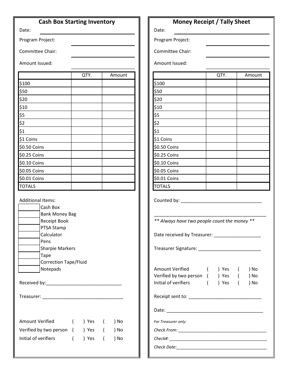 Cash Box Starting Inventory With Money Receipt and Tally Sheet Download