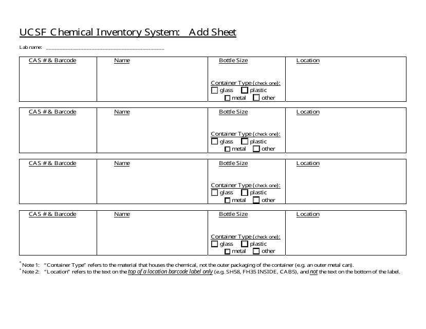 Chemical Inventory Sheet Template - UC San Francisco