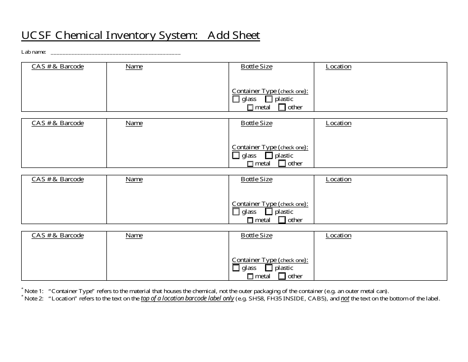 Chemical Inventory Sheet Template - UC San Francisco