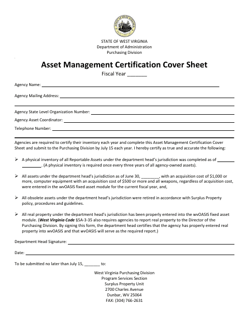 Asset Management Certification Cover Sheet - West Virginia Download Pdf