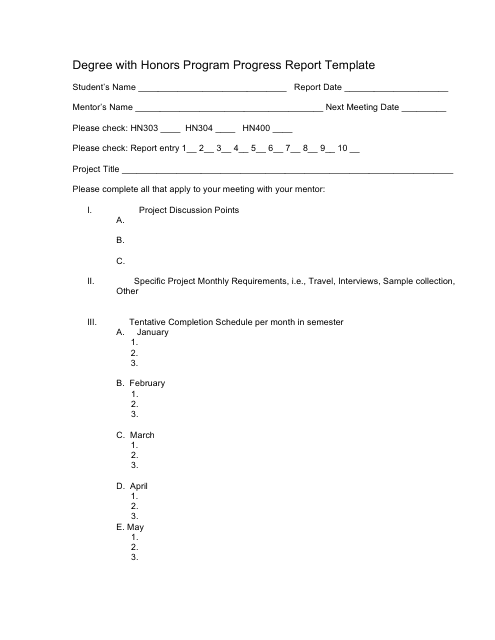 Degree With Honors Program Progress Report Template