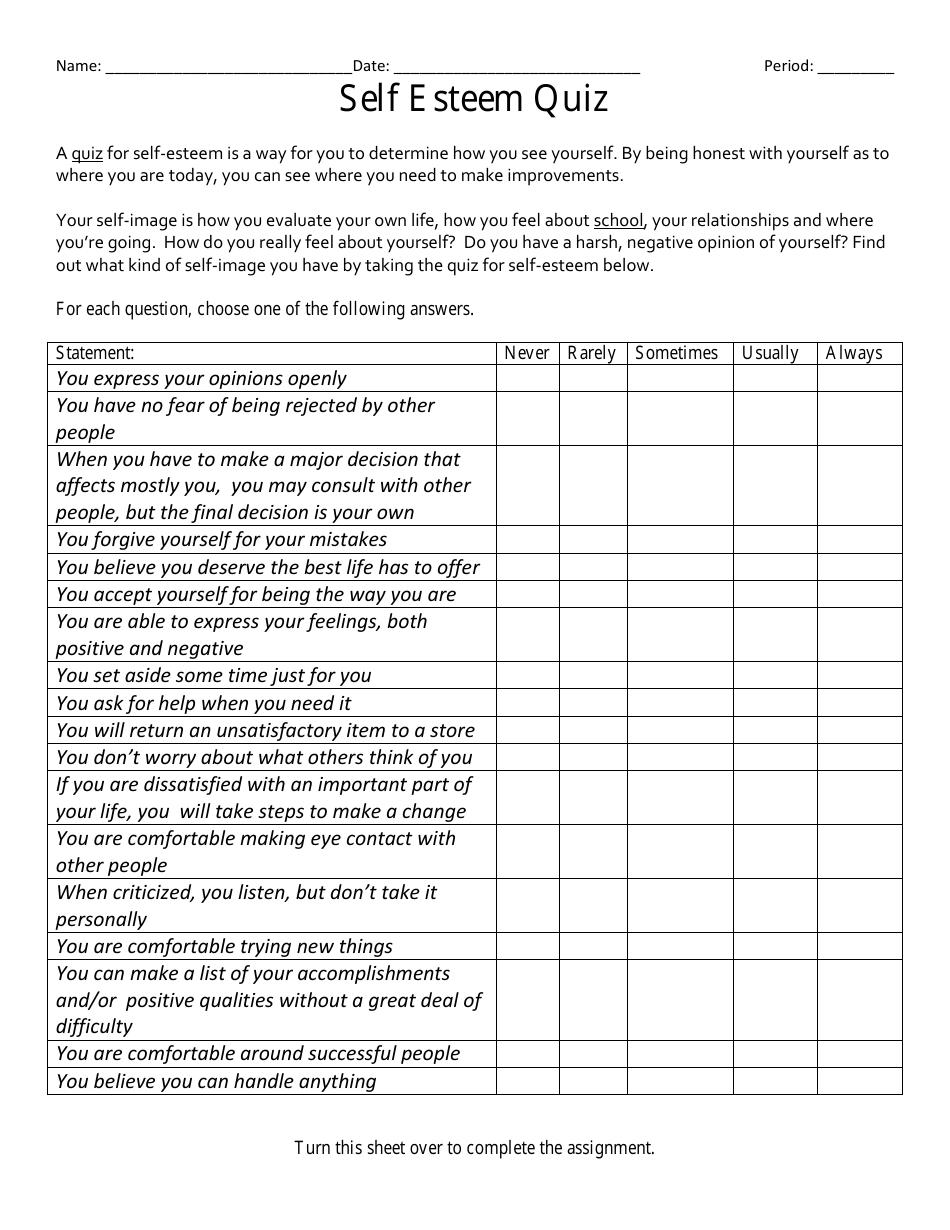 Self Esteem Assessment Worksheet - Preview Image