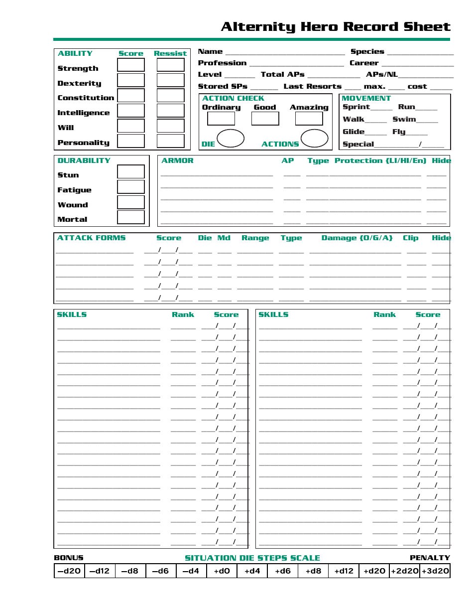 Alternity Hero Record Sheet - for easy character tracking and record-keeping purposes.