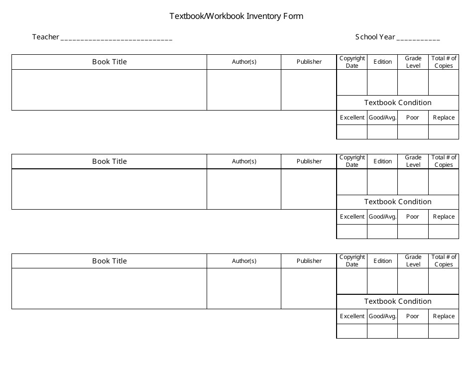 Textbook / Workbook Inventory Form, Page 1
