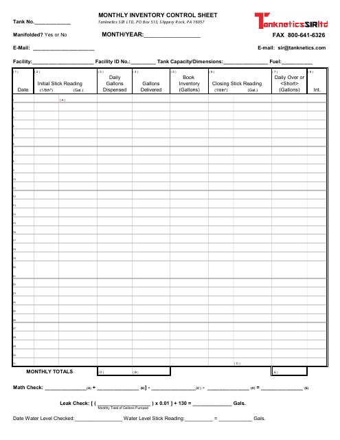 Tanknetics Sir Monthly Inventory Control Sheet Template
