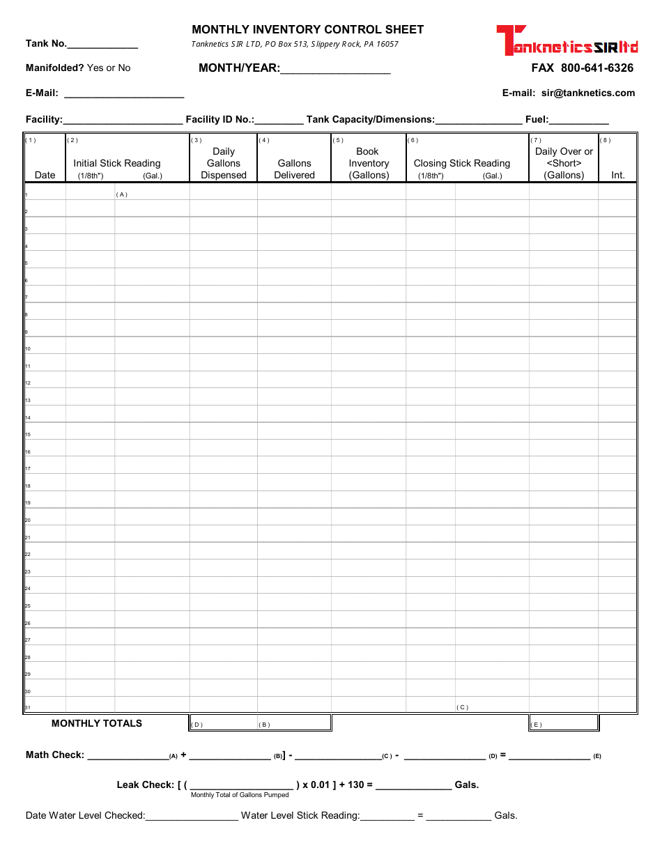 Tanknetics Sir Monthly Inventory Control Sheet Template
