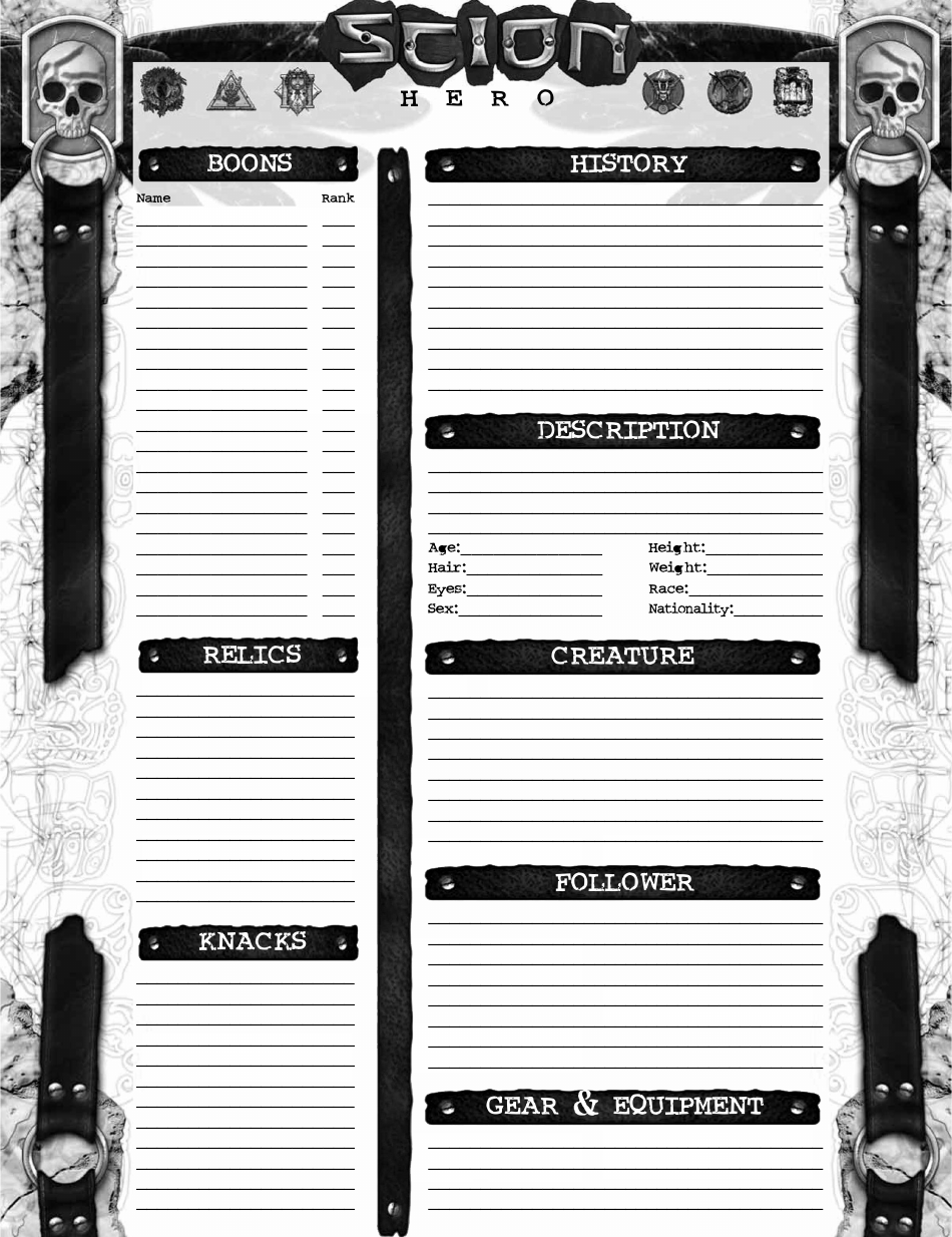 Scion: Hero Character Sheet, Page 2