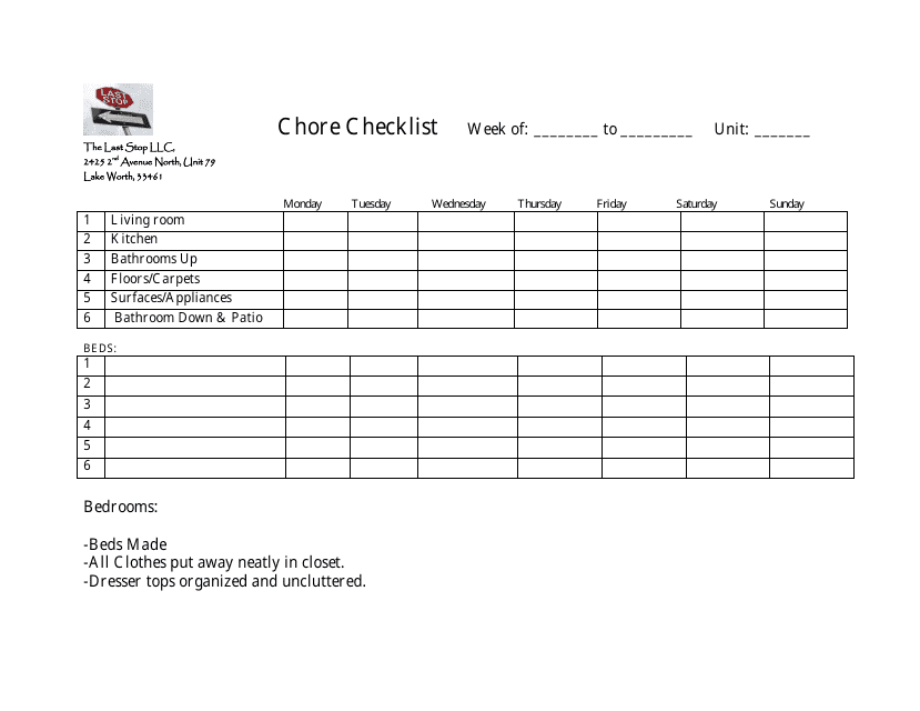 &quot;Weekly Chore Checklist Template&quot; Download Pdf