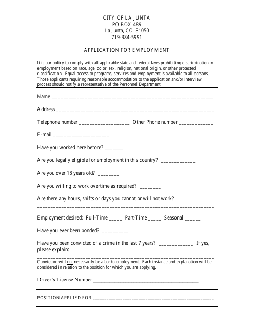 Employment Application Form - City of La Junta, Colorado Download Pdf