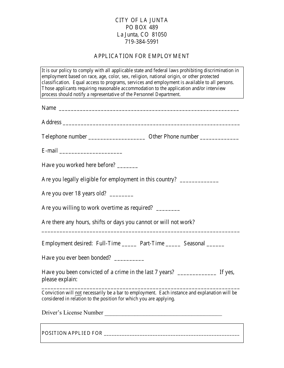 Employment Application Form - City of La Junta, Colorado, Page 1