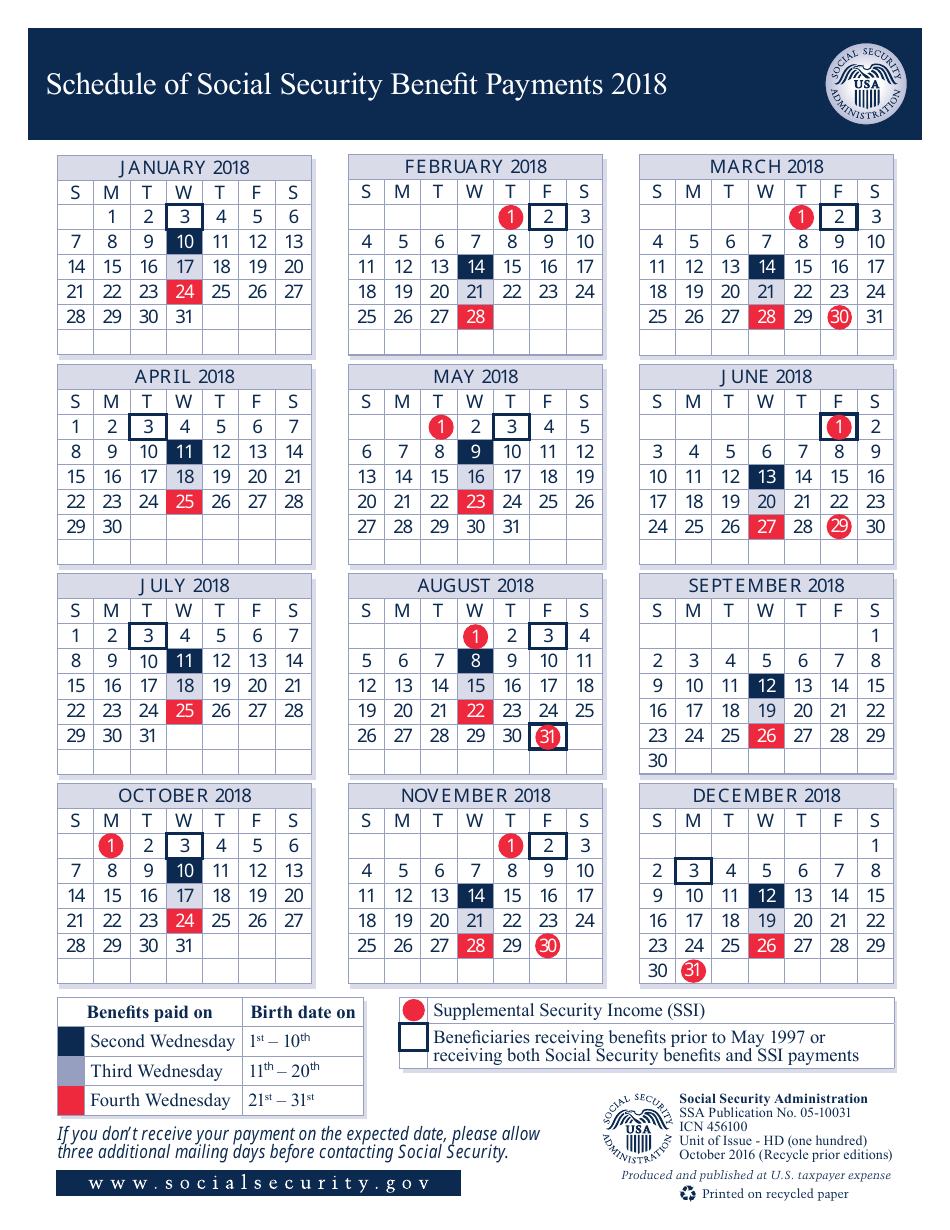 2018 Social Security Benefits Payments Schedule Download Printable PDF