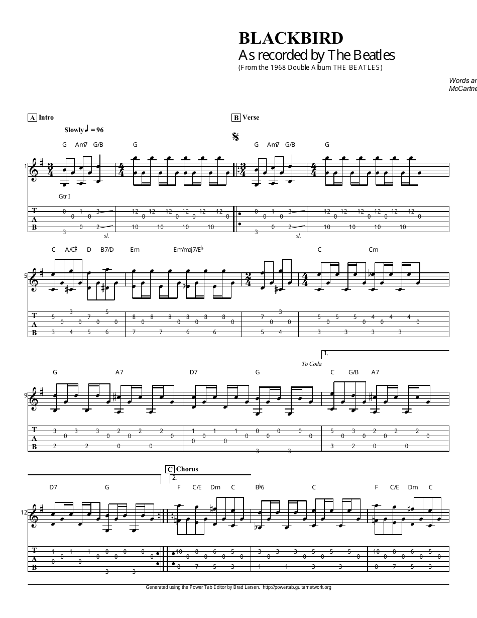 The Beatles Blackbird Guitar Sheet Music preview