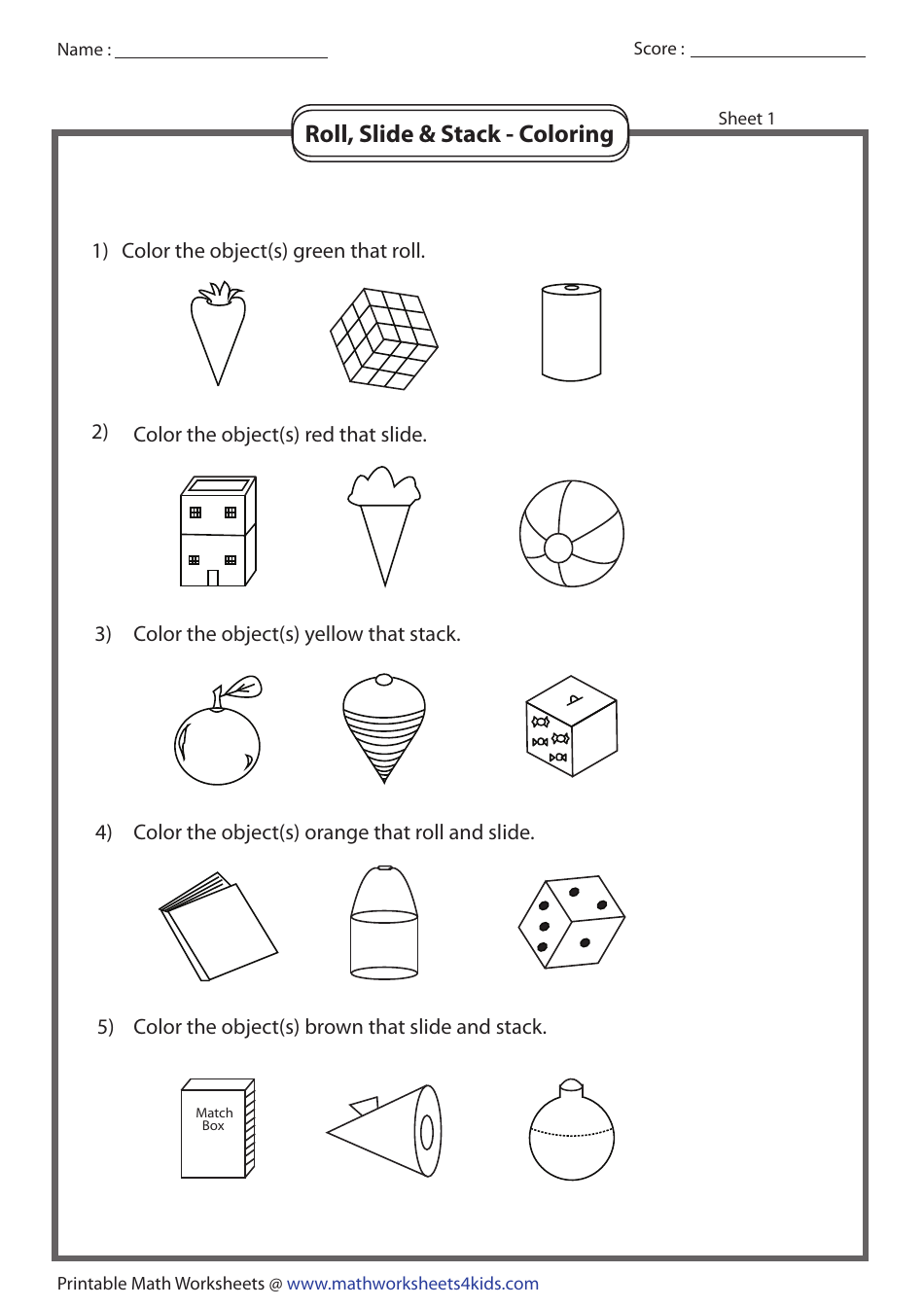 Roll, Slide & Stack - Coloring Worksheet With Answers
