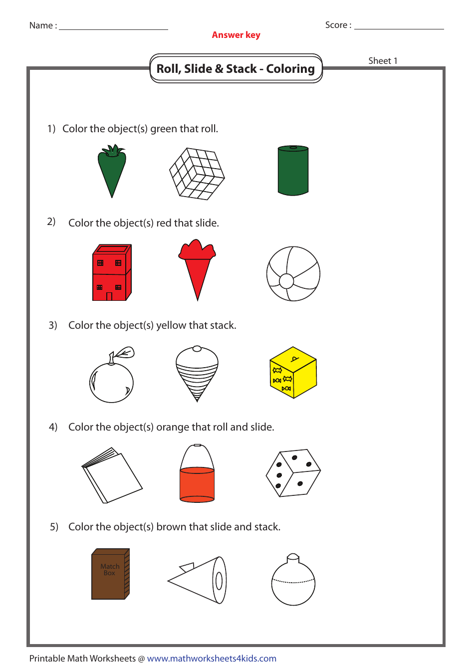 Roll, Slide  Stack - Coloring Worksheet With Answers, Page 2