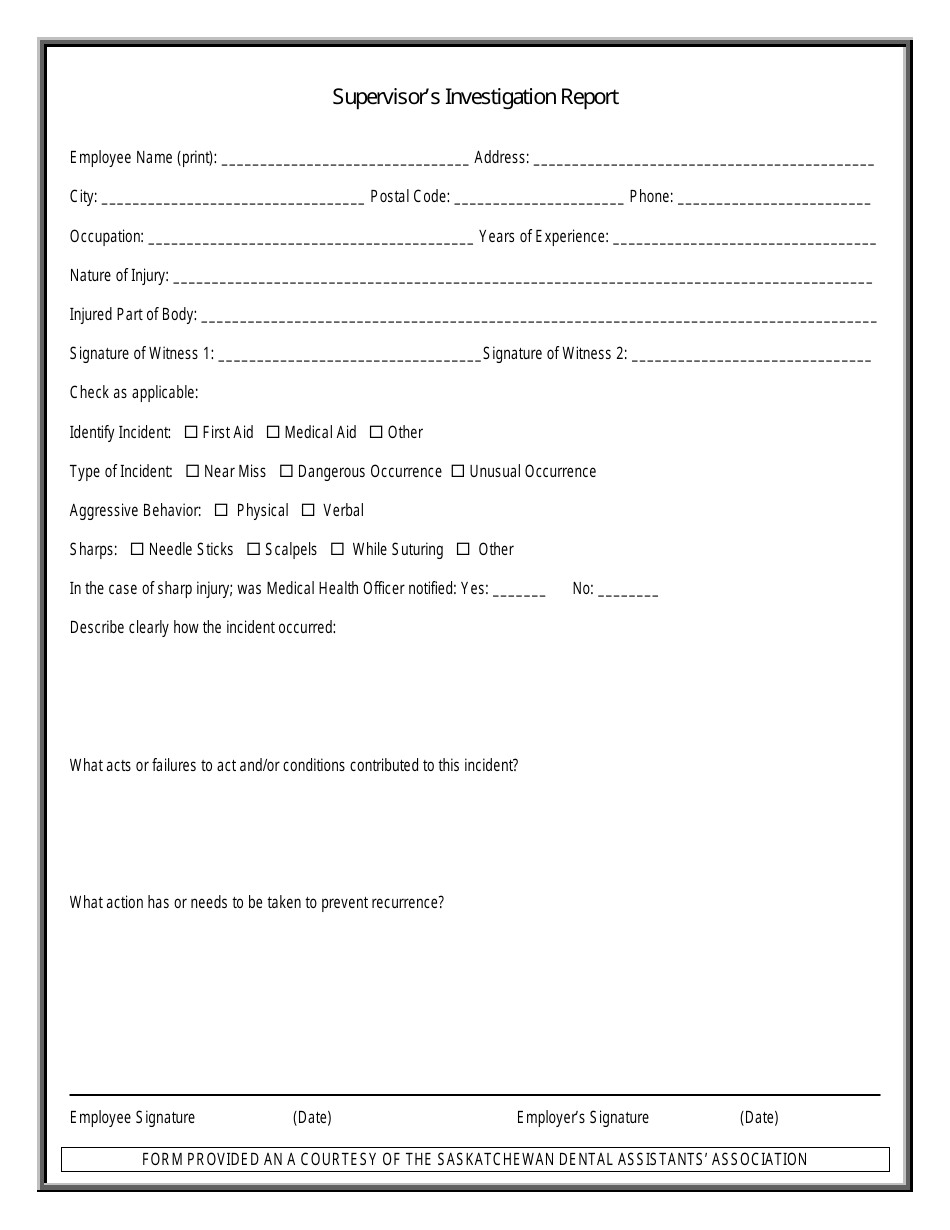 Dental Office Incident Report Form, Supervisor's Investigation Report ...