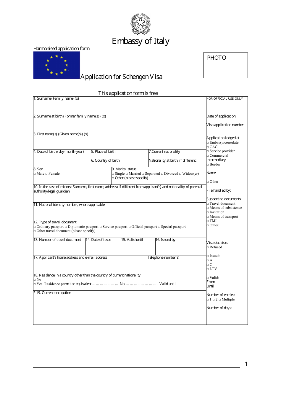 Schengen Visa Application Form Embassy Of Italy Download Printable