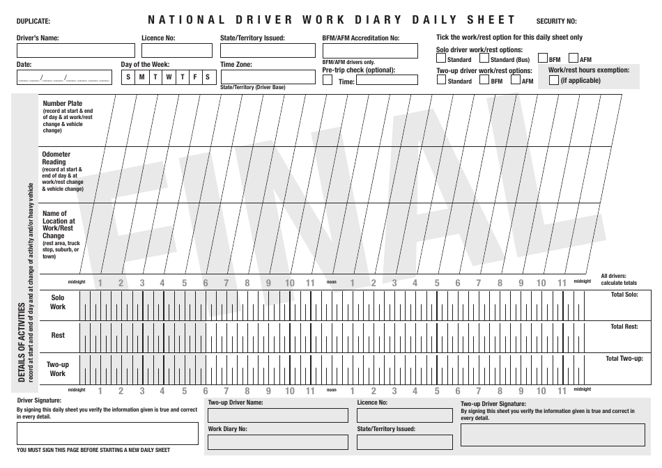 Driver Work Diary Daily Sheet Preview Image