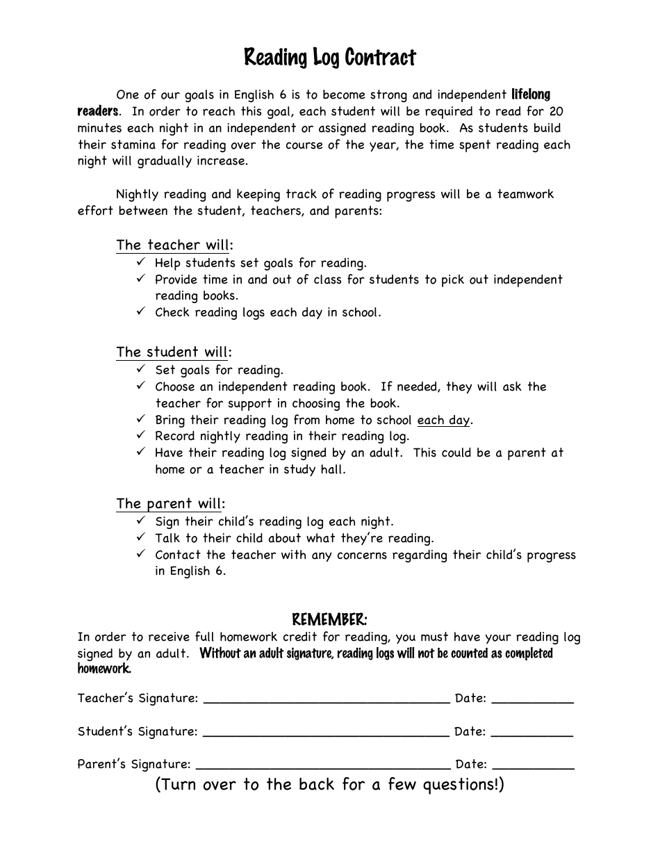 Reading Log Contract Template - English 6, Page 1