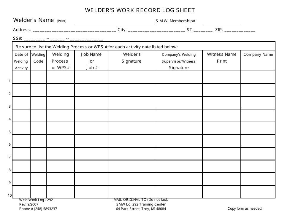 Welder's Work Record Log Sheet - Michigan