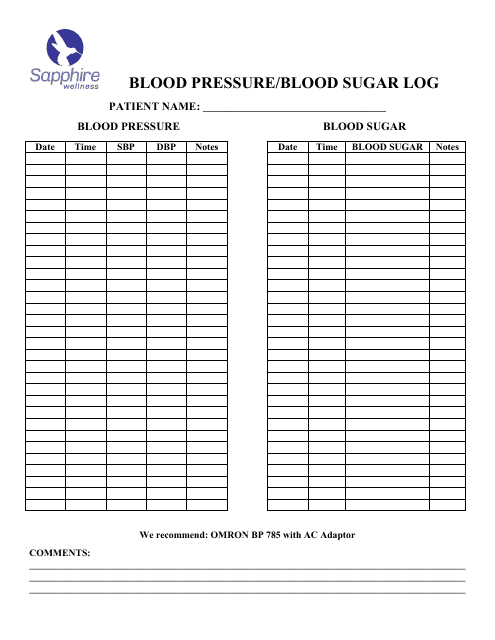 Blood Pressure/Blood Sugar Log Template Sapphire Wellness Download