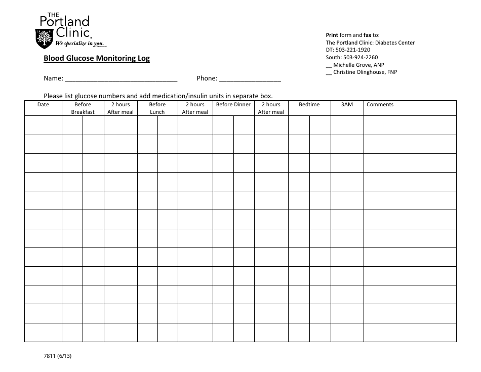 Blood Glucose Monitoring Log - the Portland Clinic, Page 1