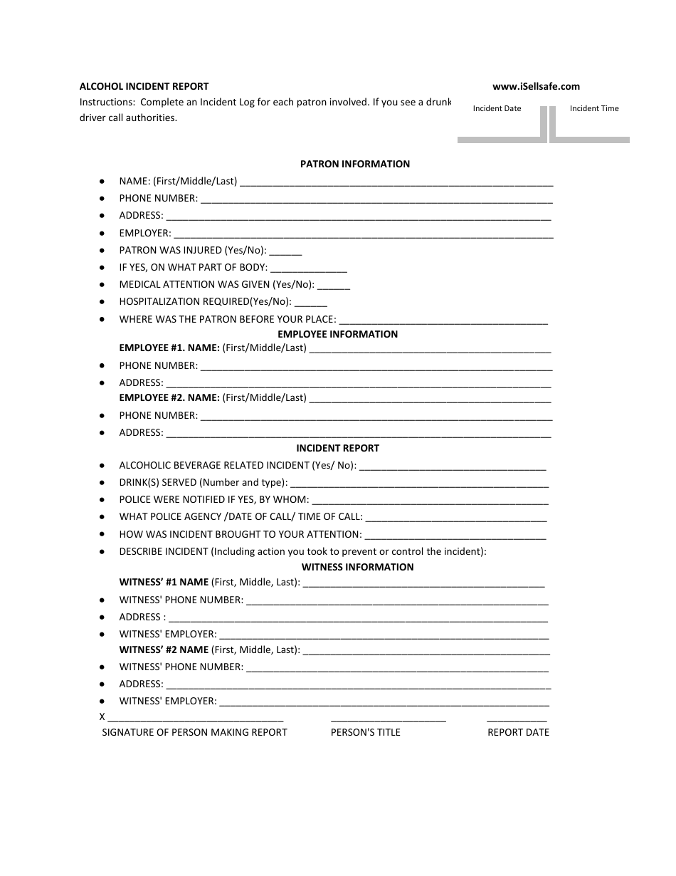 Alcohol Incident Report Form, Page 1