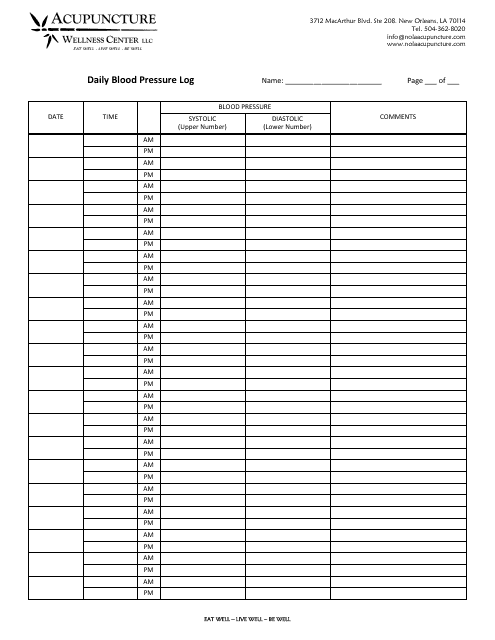 &quot;Daily Blood Pressure Log Template - Accupuncture Wellness Center&quot; Download Pdf