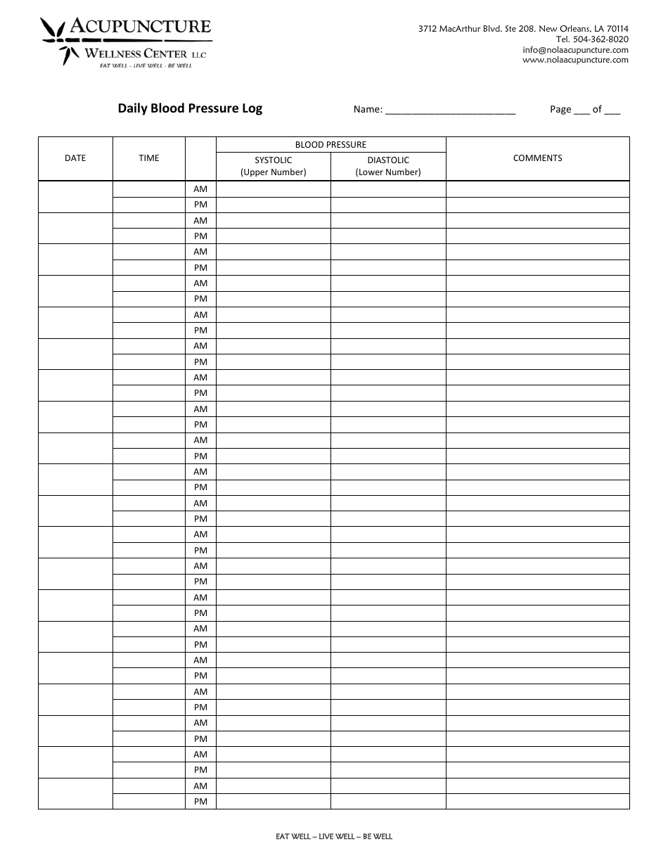Daily Blood Pressure Log Template Accupuncture Wellness Center