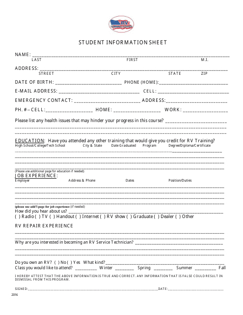 Student Information Sheet Rv Training Center Download Printable PDF