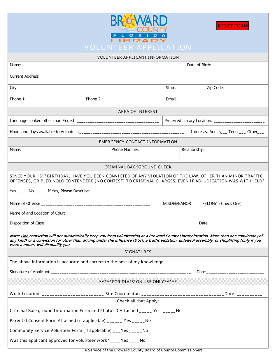 Broward County, Florida Volunteer Application Form - Broward County Library  Download Fillable PDF | Templateroller