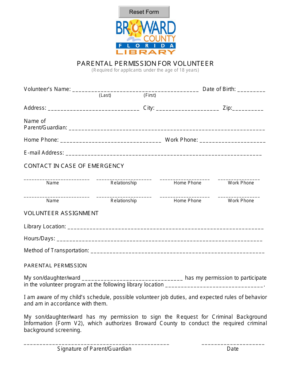 Broward County Florida Volunteer Application Form Broward County Library Fill Out Sign 0125