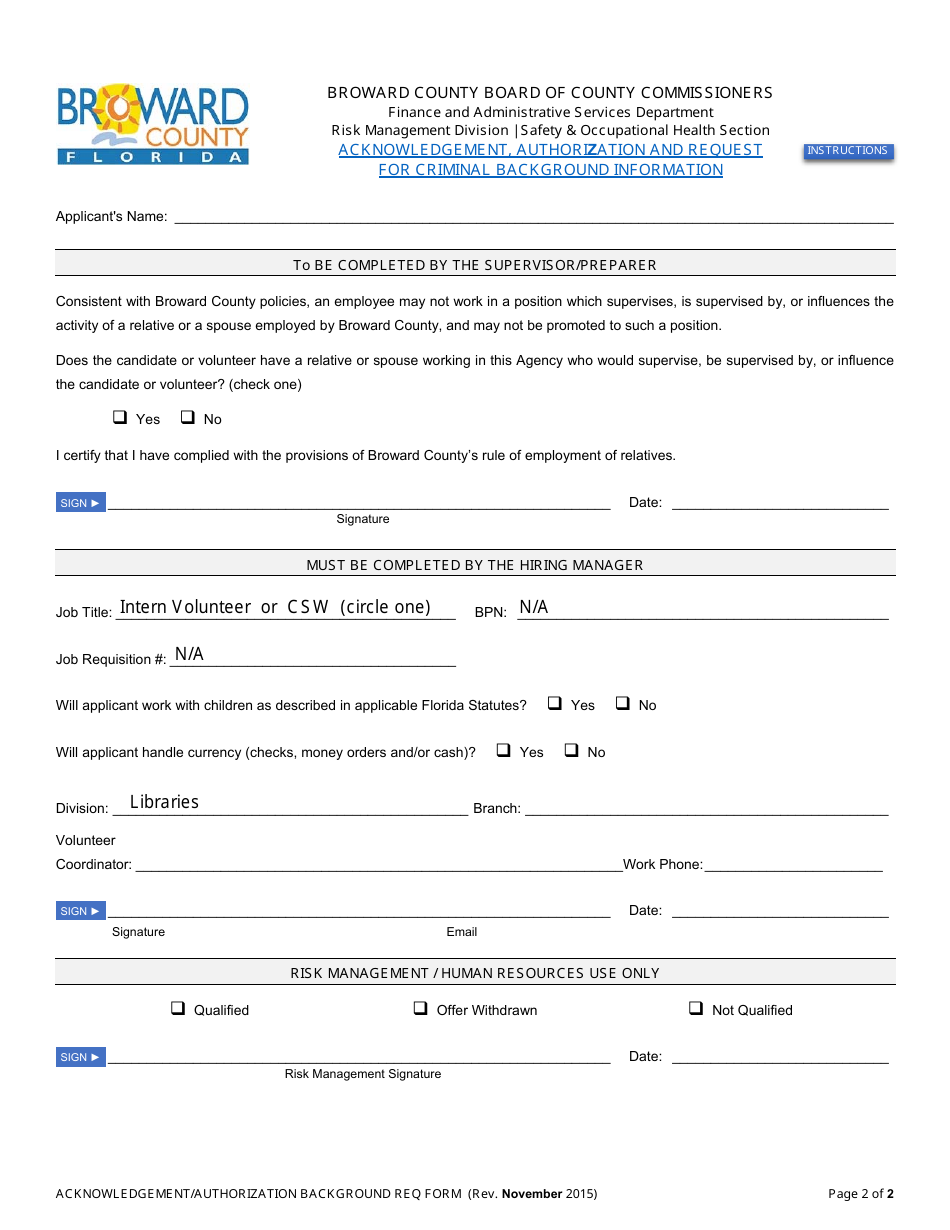 Broward County Florida Volunteer Application Form Broward County Library Fill Out Sign 7594