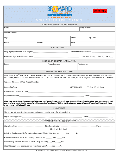 &quot;Volunteer Application Form - Broward County Library&quot; - Broward County, Florida Download Pdf