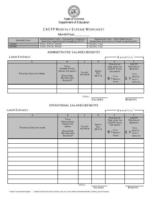 CACFP Monthly Expense Worksheet - Arizona Download Pdf