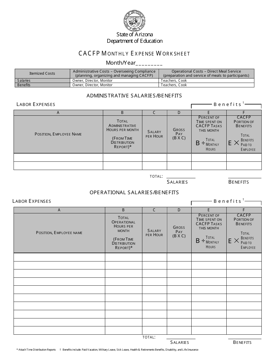 CACFP Monthly Expense Worksheet - Arizona, Page 1