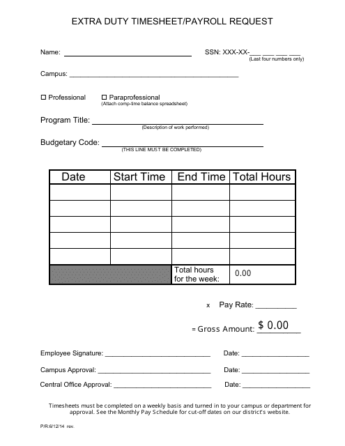Extra Duty Time Sheet/Payroll Request Template Image Preview