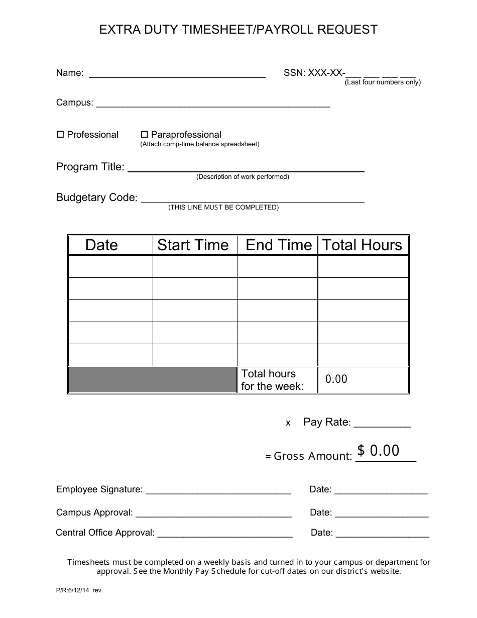 Extra Duty Time Sheet/Payroll Request Template Image Preview