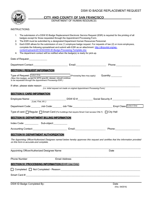 &quot;Dsw Id Badge Replacement Request Form&quot; - City and County of San Francisco, California Download Pdf