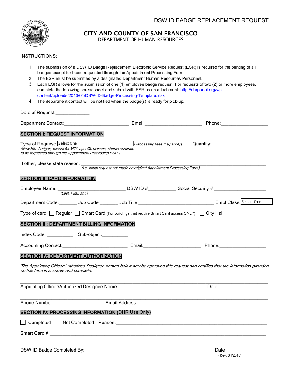 Dsw Id Badge Replacement Request Form - City and County of San Francisco, California, Page 1
