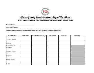 Class Party Contributions Sign up Sheet Template for K-2 Grades - Washington Elementary School