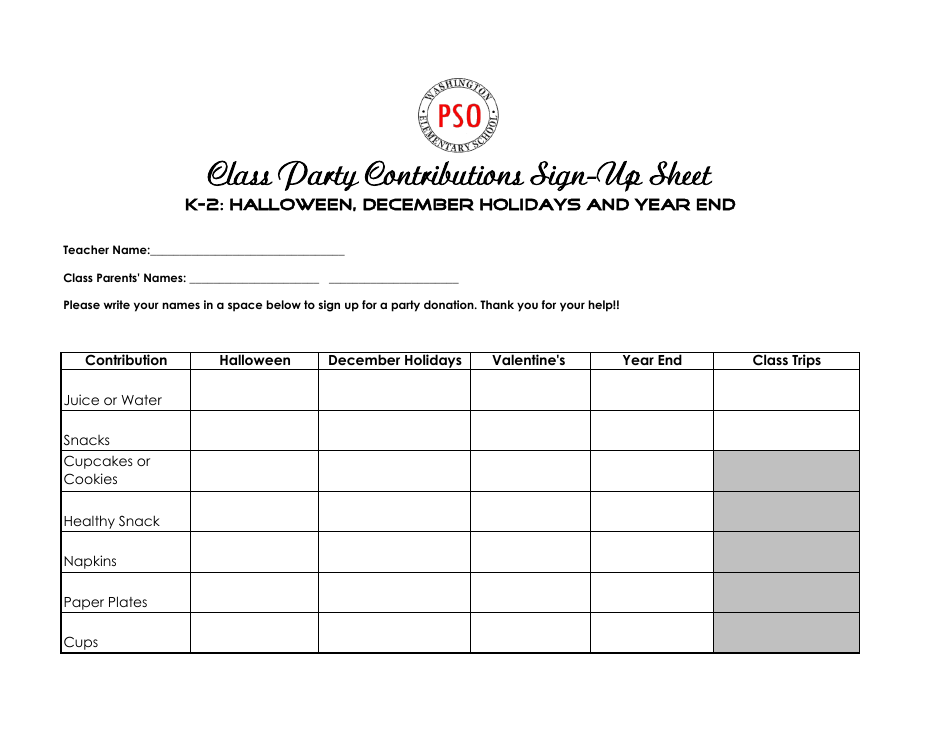 Class Party Contributions Sign up Sheet Template for K-2 Grades - Washington Elementary School Preview