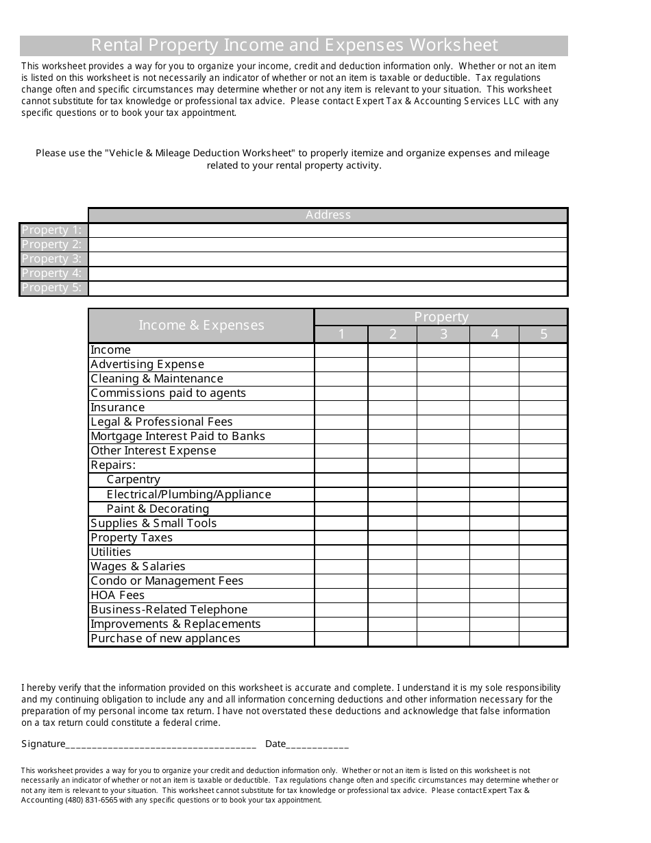 Rental Property Income and Expenses Worksheet - Expert Tax  Accounting Services Llc, Page 1
