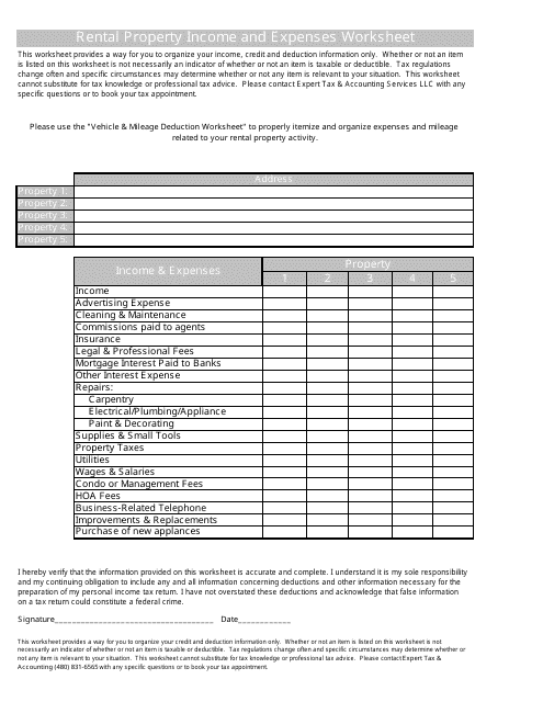 Rental Property Income and Expenses Worksheet - Expert Tax & Accounting Services Llc Download Pdf