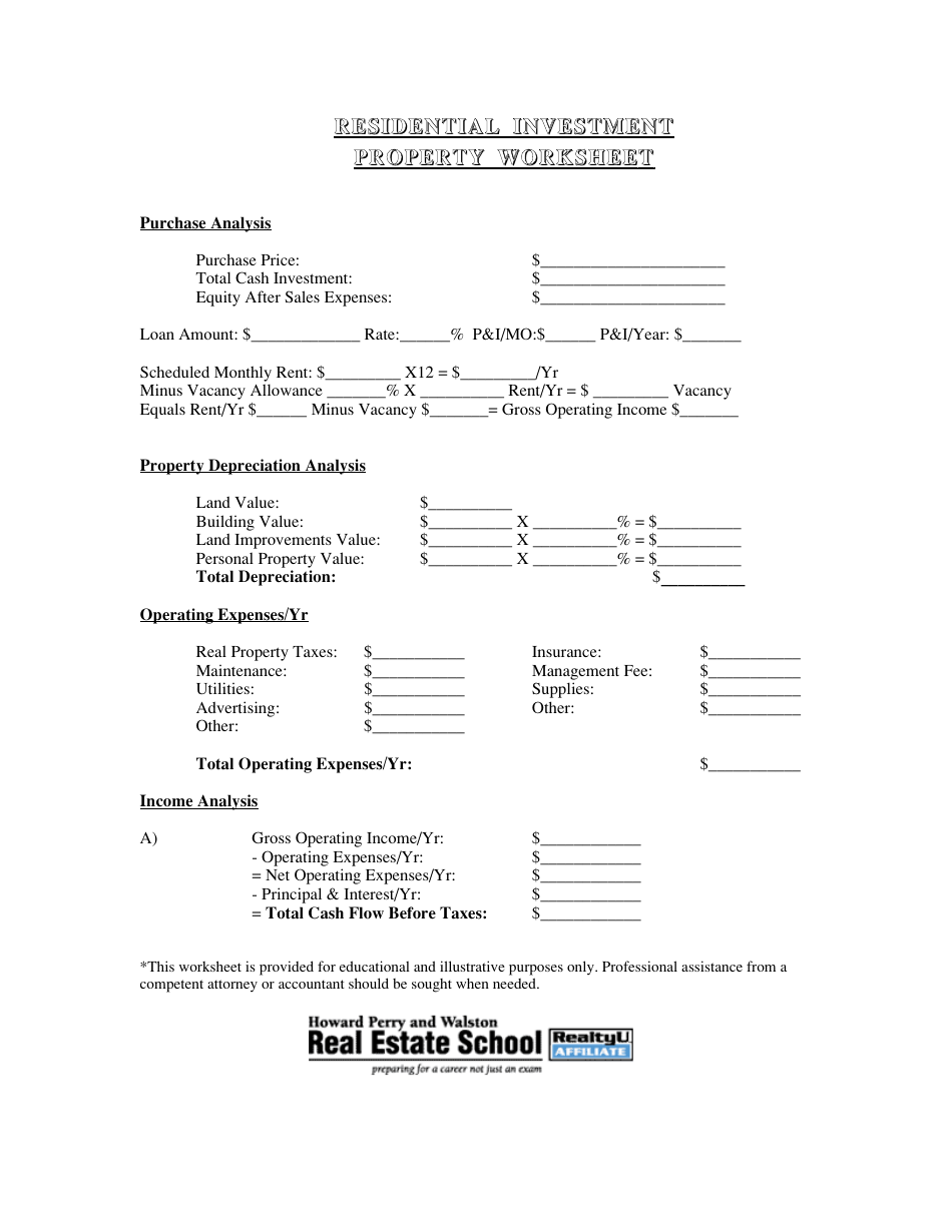 Residential Investment Property Worksheet Template - Capture and analyze your residential investment property data with this customizable worksheet template.