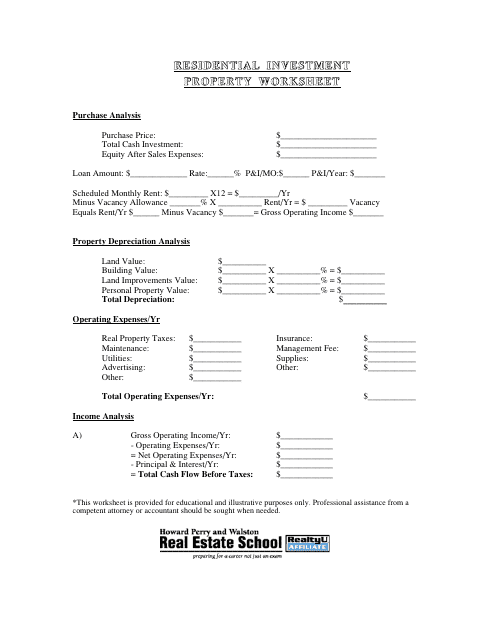 Residential Investment Property Worksheet Template - Howard Perry and Walston Real Estate School