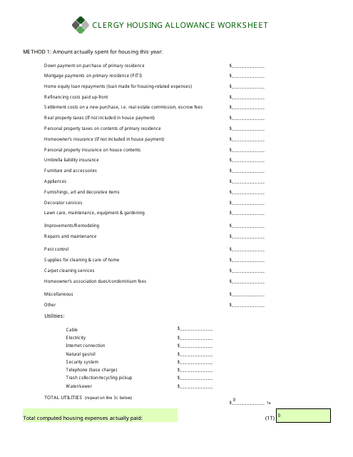Image preview of Housing Allowance Worksheet that helps clergy with financial planning and saving.