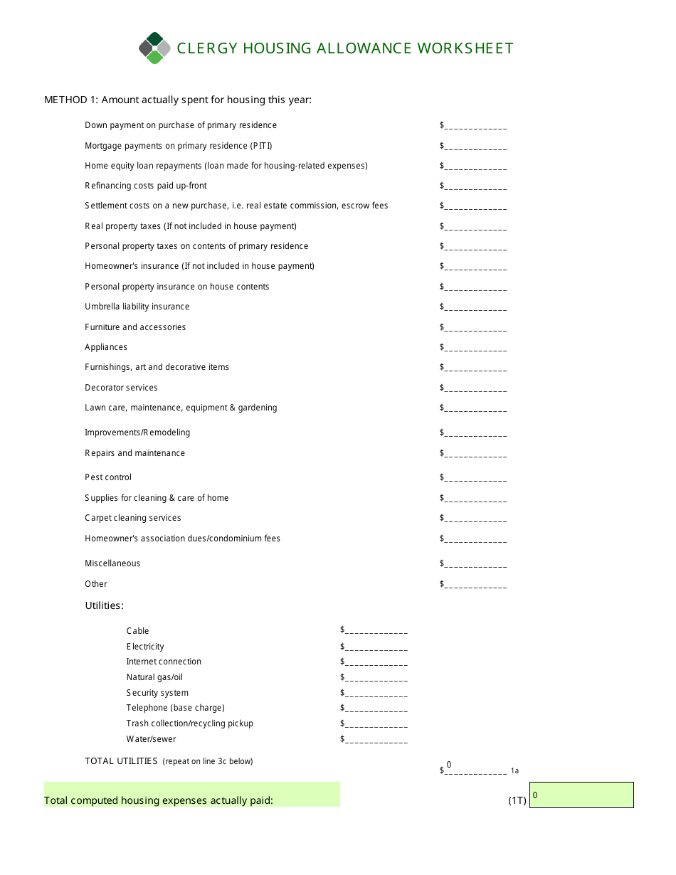 Housing Allowance Worksheet - Clergy Financial Resources Download