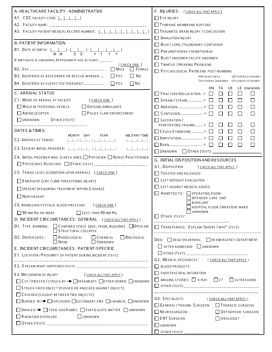 Ed Medical Record Abstraction Form for Domestic Bombing Events Fill